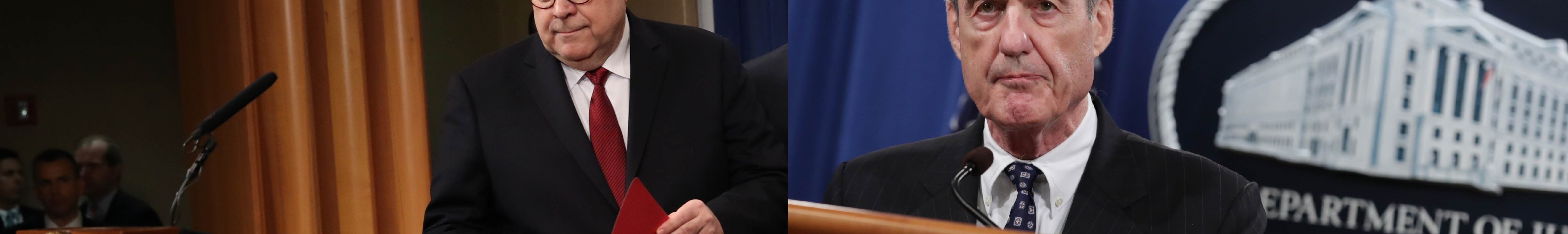 Side by side photos of William Barr and Robert Mueller